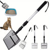 A set of stainless steel poop scoopers for cleaning cat litter, chicken coops, and beach cleanup, including a long handle and