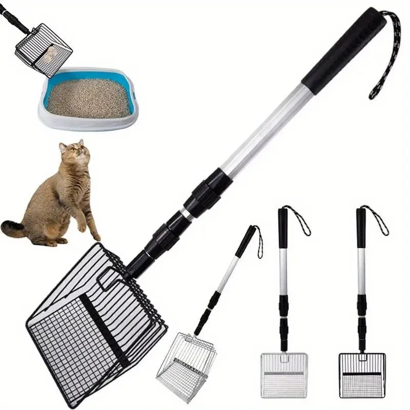 A set of stainless steel poop scoopers for cleaning cat litter, chicken coops, and beach cleanup, including a long handle and