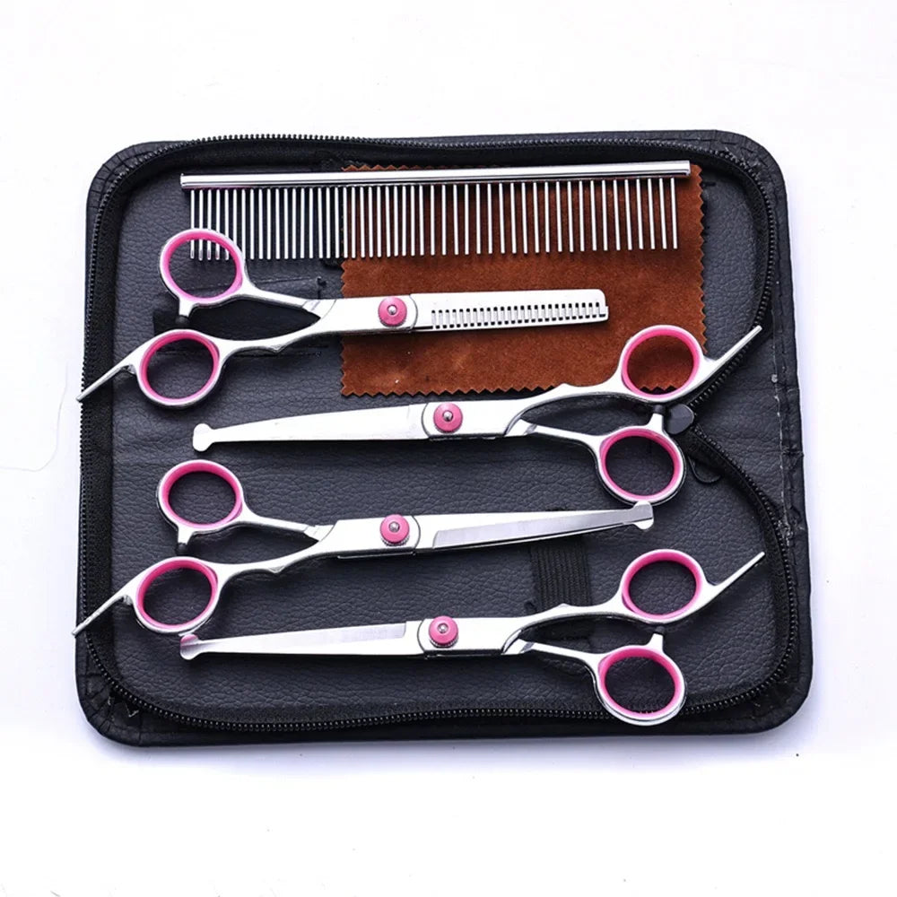 A black case holding a 5-in-1 stainless steel grooming scissors set with various blades and combs.