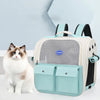 A light blue cat carrier backpack with gray and black straps sits next to a fluffy white and gray cat.