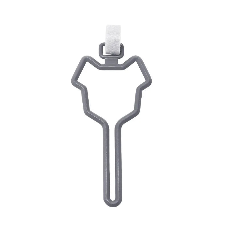 Gray hands-free dog poop bag dispenser with a white leash clip.