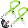 A bright lime green reflective dog seat belt with an adjustable nylon harness and metal clasps.