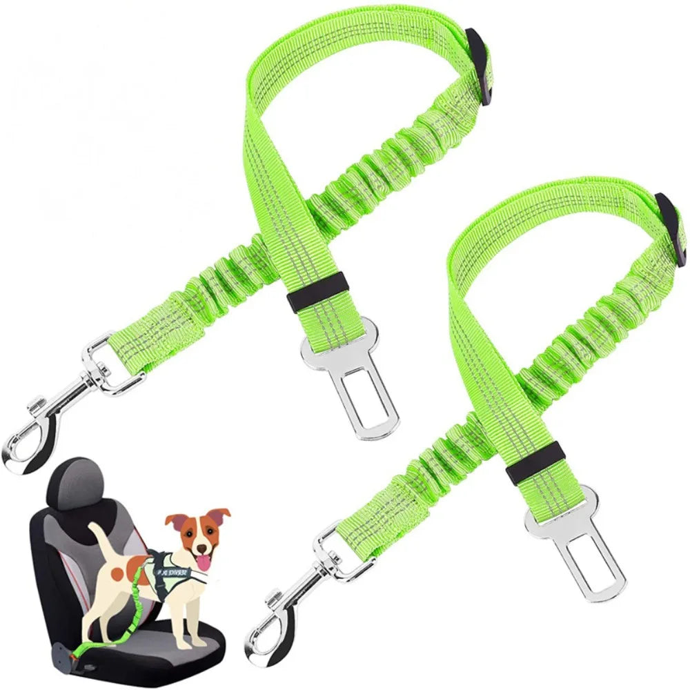 A bright lime green reflective dog seat belt with an adjustable nylon harness and metal clasps.
