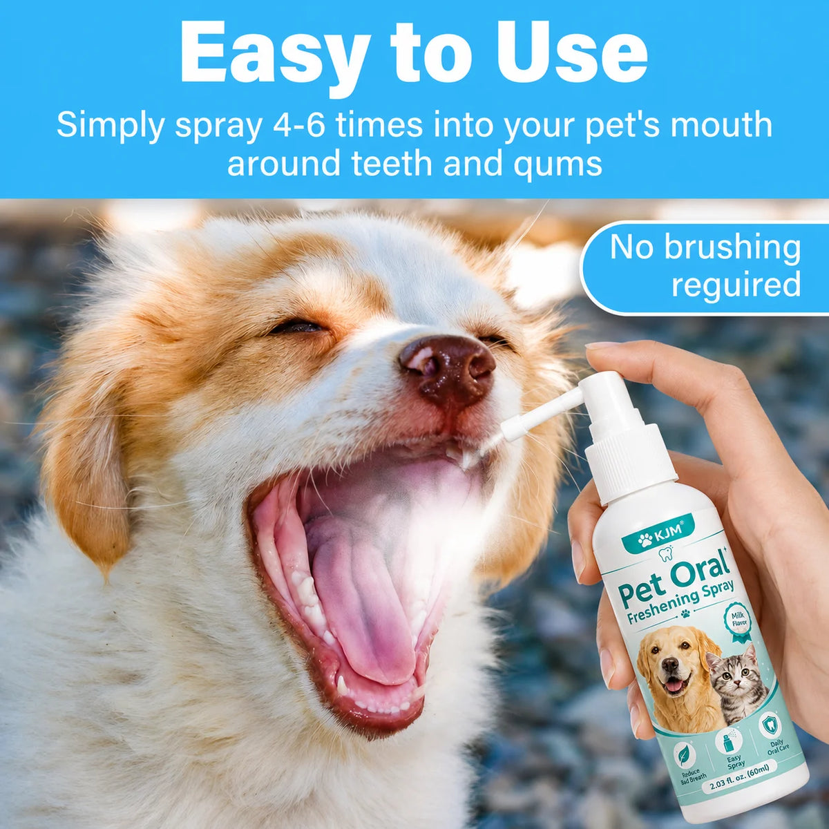 A hand sprays Pet Oral Freshening Spray onto a dog's teeth and gums.