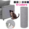 A set of six colored self-adhesive cat scratching mats, including a cylindrical mat and a curved mat, shown next to a cat.