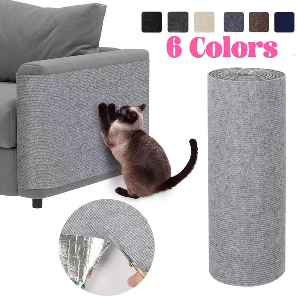 A set of six colored self-adhesive cat scratching mats, including a cylindrical mat and a curved mat, shown next to a cat.
