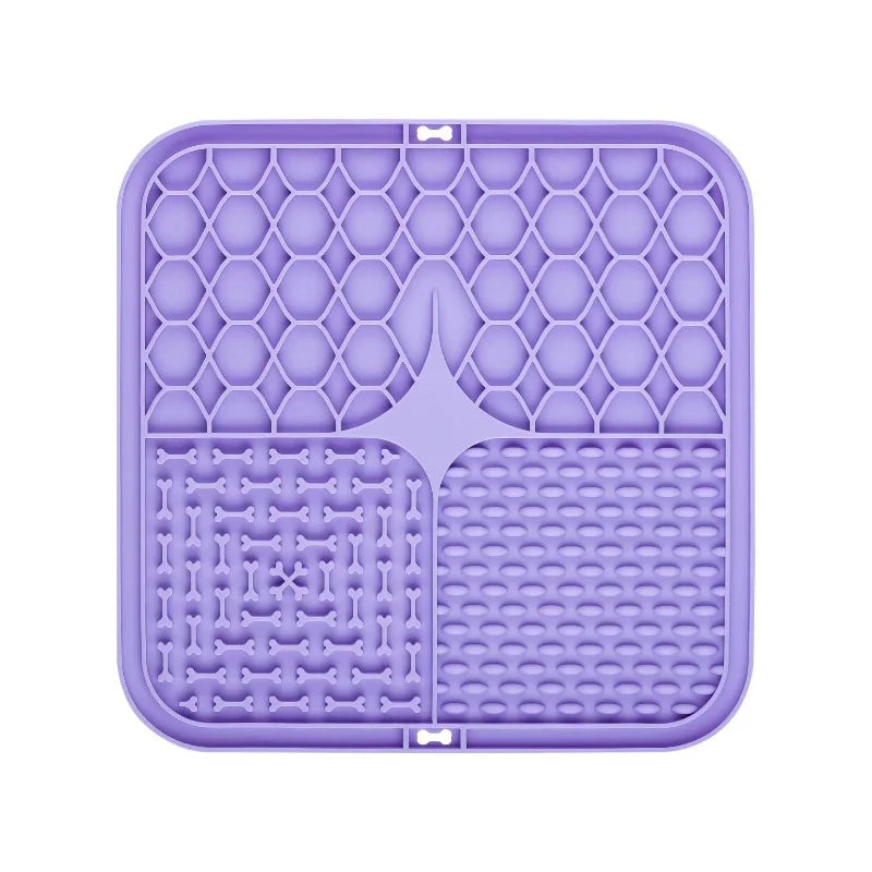 Purple silicone lick mat for dog bathing and slow food training with a diamond-shaped insert