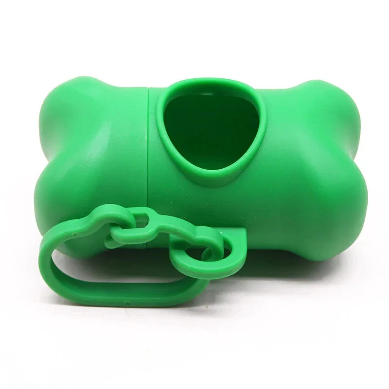 A bright green bone-shaped poop bag dispenser with a clip.