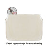 A beige fabric zipper design product with a circular attachment visible above the main body.