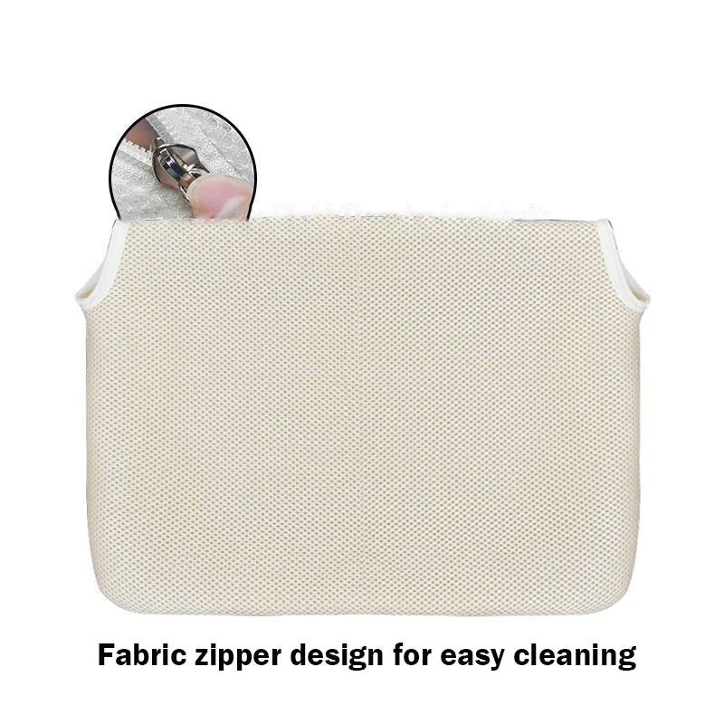 A beige fabric zipper design product with a circular attachment visible above the main body.
