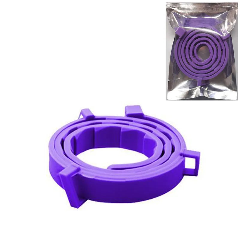Purple natural pet calming collar for anxiety relief shown in a plastic package and as a coiled product.