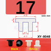 A set of black and white silicone rubber hole plugs, numbered 17, with dimensions shown.