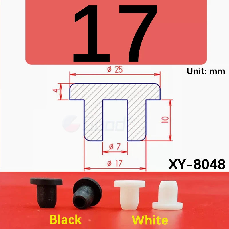 A set of black and white silicone rubber hole plugs, numbered 17, with dimensions shown.