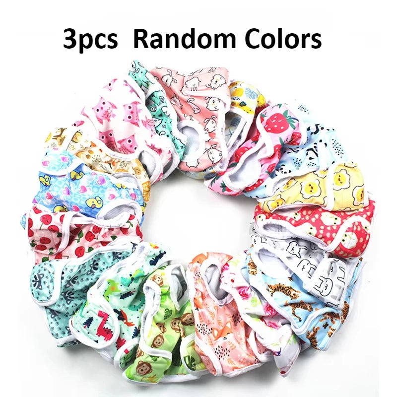 Three pairs of random colored reusable female dog physiological panties displayed in a circular arrangement.