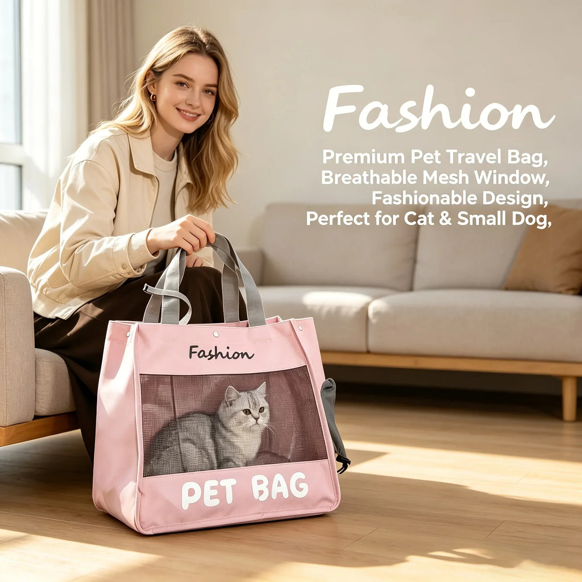 A woman holds a pink mesh pet travel bag designed for cats and small dogs in a bright living room setting.