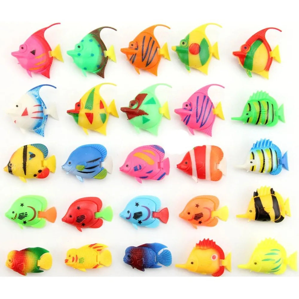 A collection of ten colorful, lifelike floating artificial tropical fish in various shades of yellow, pink, green, and orange