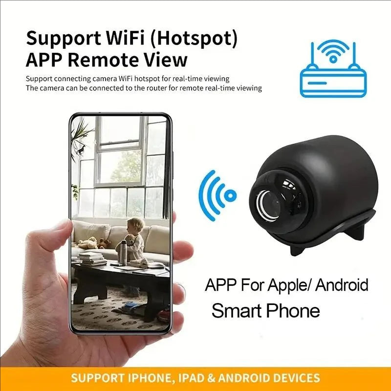 A compact black wireless security camera is shown next to a smartphone displaying an app interface for remote viewing.