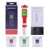 A multifunction pen-type water quality meter in red and white, shown with its packaging and related buffer solutions.