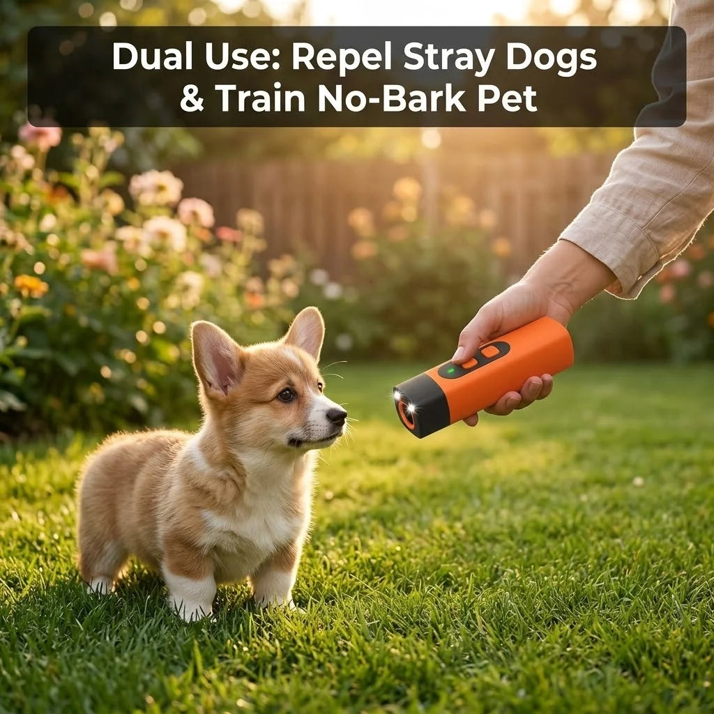 A person holds an orange ultrasonic device while a small dog looks toward it in a grassy outdoor setting.