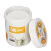 A white jar of pet tear stain remover wipes with a white cleaning wipe inside and an orange lid.