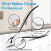 A stainless steel cuticle nipper is shown with close-ups highlighting its ergonomic handle, buckle spring, and sharp cutting 