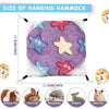 A purple and white fleece hammock with star shapes for small pets, shown next to various animals.