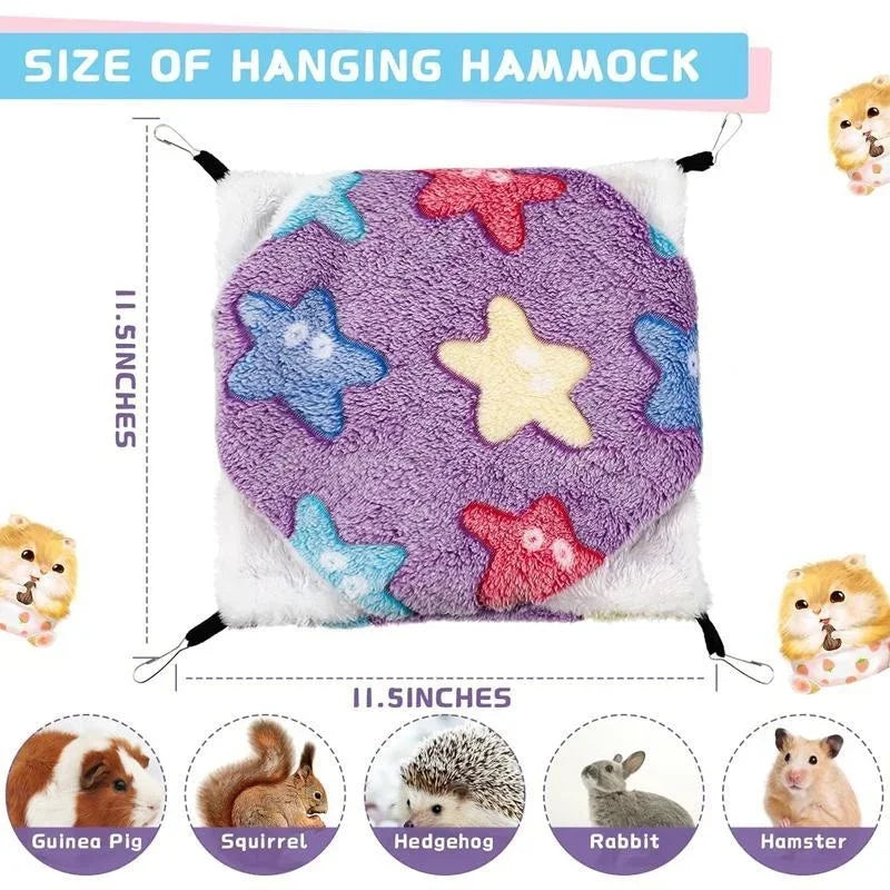 A purple and white fleece hammock with star shapes for small pets, shown next to various animals.
