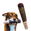A dog holding a dark brown chew toy with the word PAW visible on the end.