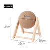 A beige cat scratching ball toy with a sisal rope and a wooden base, shown from the side.