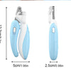 A light blue LED pet nail clipper tool shown with dimensions and usage context.