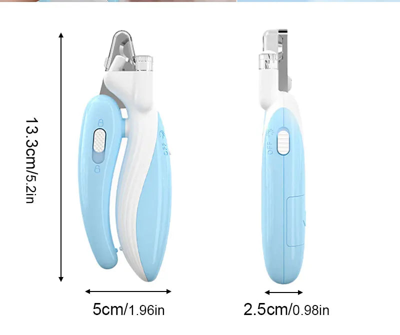 A light blue LED pet nail clipper tool shown with dimensions and usage context.