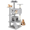A gray cat tree tower with four tiers, featuring cozy condos and sisal scratching posts for cats.