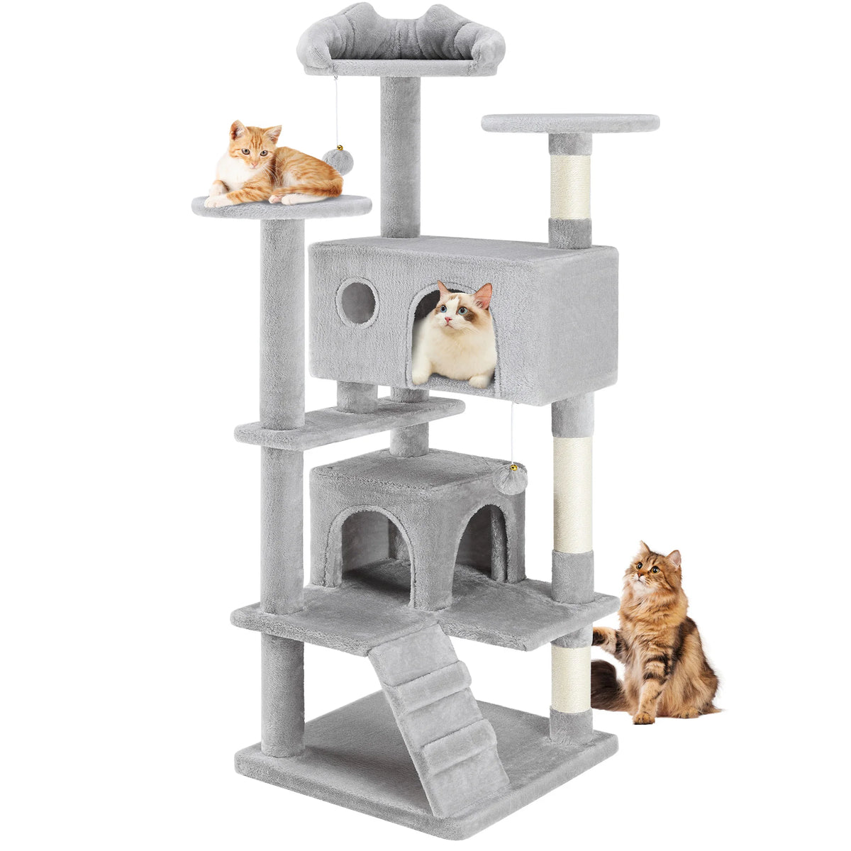 A gray cat tree tower with four tiers, featuring cozy condos and sisal scratching posts for cats.