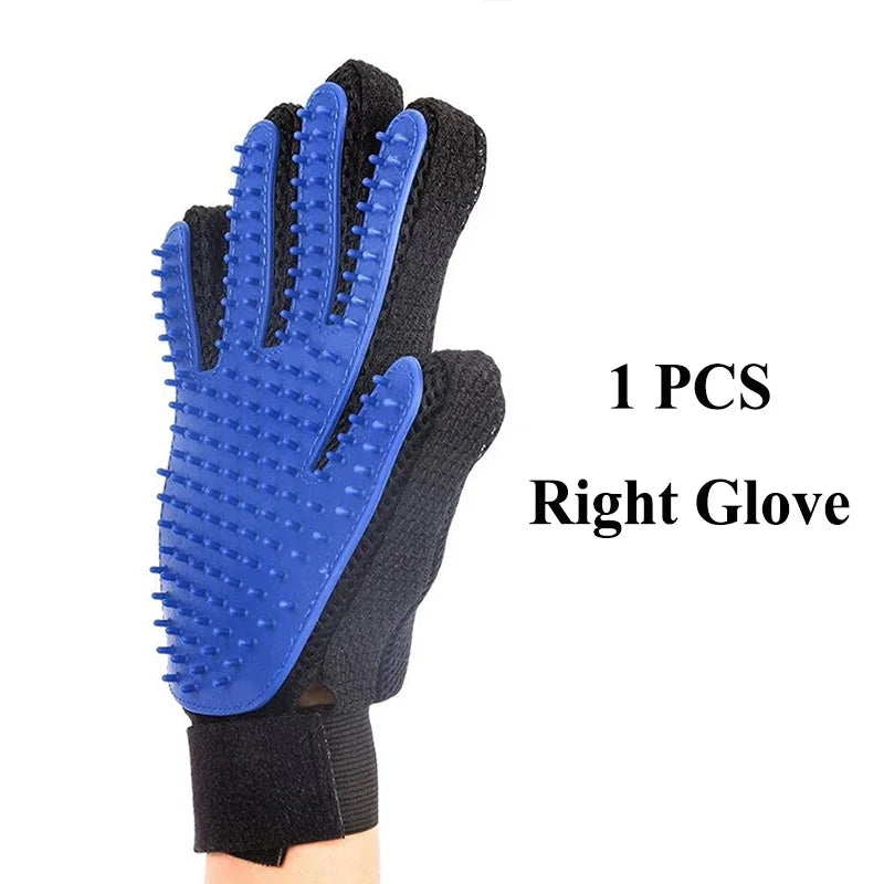A single blue pet grooming hair remover glove shown on a hand.