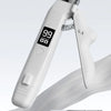 Close-up of a white pet nail clipper with an anti-slip handle and a textured grip.