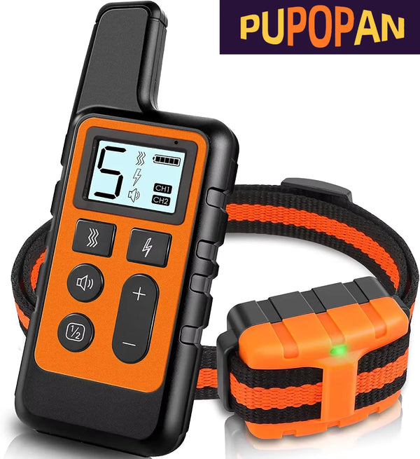 An orange and black electric dog training collar with a digital display and control buttons.