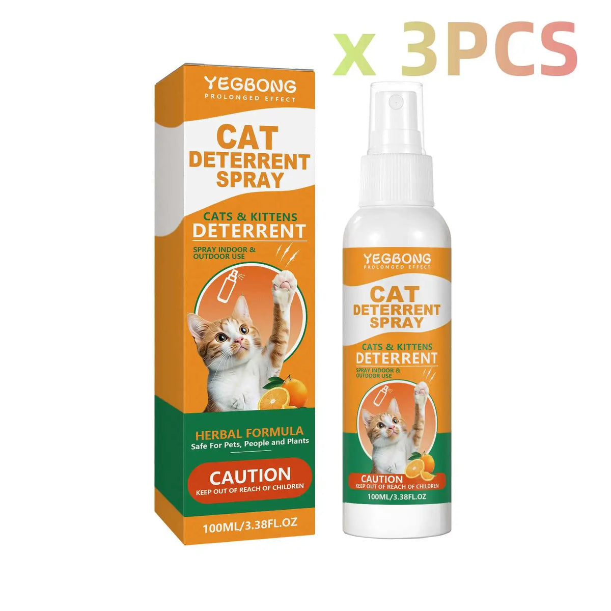 Three bottles of Yegbong Cat Deterrent Spray for indoor and outdoor use