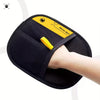 A black double-sided pet hair removal glove with a yellow grip and branding is shown being used on a person's hand.