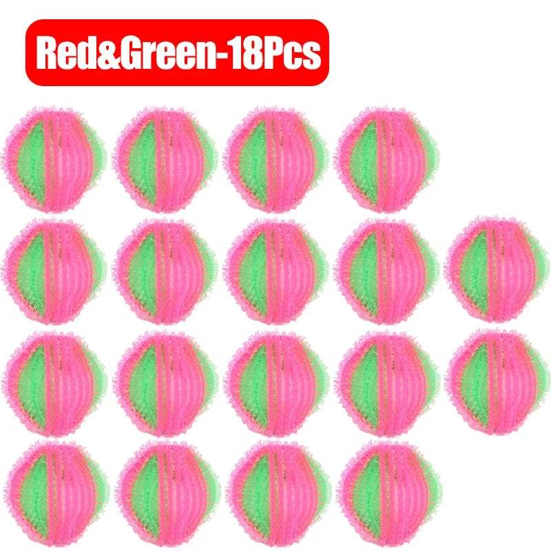A set of 18 red and green reusable lint catchers for laundry.