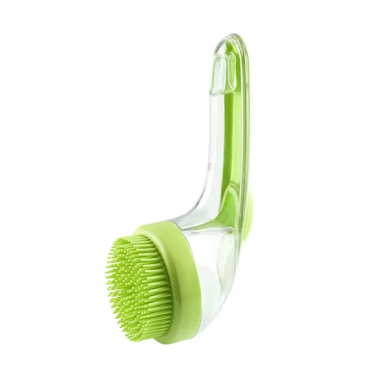 A long-handled silicone pet bathing brush with a green head for washing dogs and cats.
