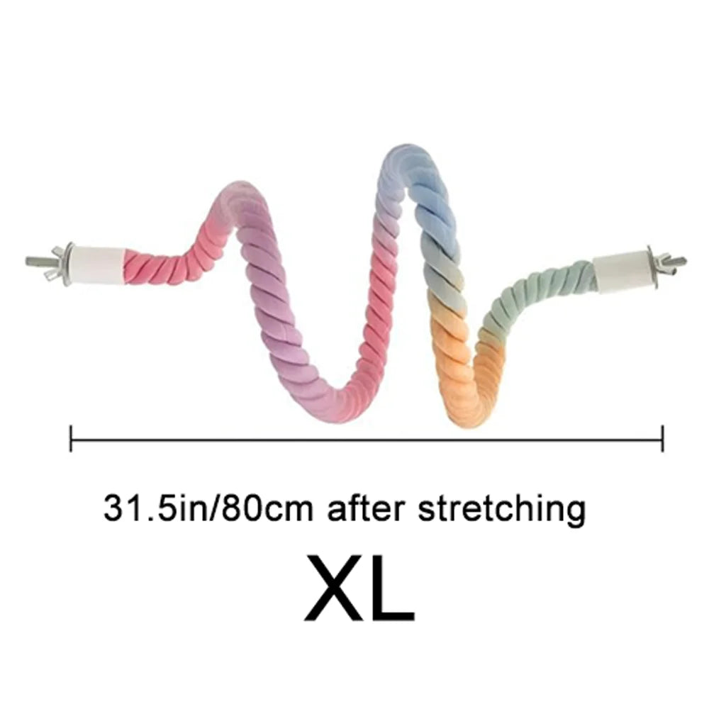 Colorful bird rope perch stand with purple, blue, and orange strands, measuring 31.5 inches after stretching.