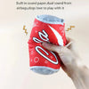 A hand holds a red and gray bottle-shaped squeaky plush dog toy with lightning bolt graphics.