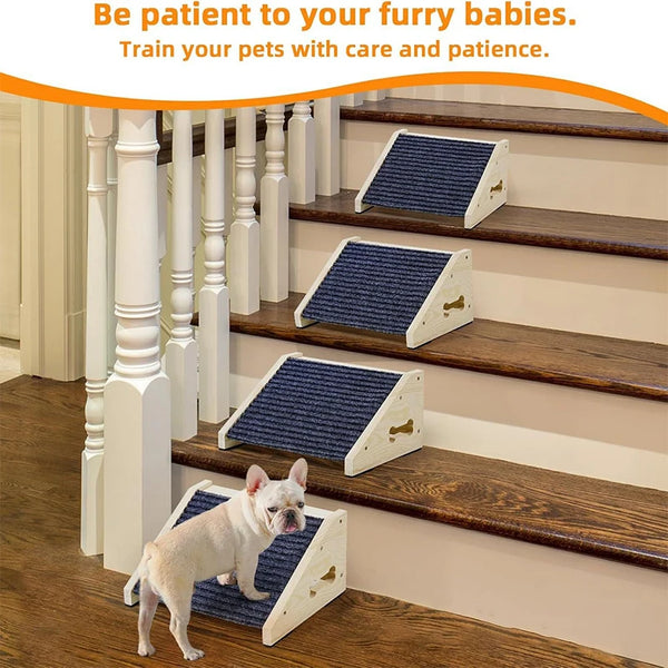 Solid wood pet stairs with non-slip steps used for training pets.