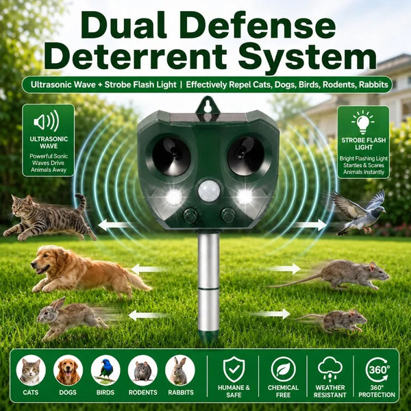 Grünes Ultraschall-Abschrecksystem mit Stroboskop-Blitz zur Zielung verschiedener Tiere wie Katzen, Hunde und Vögel