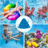 A collage showing people enjoying water activities and a close-up of blue filter balls used as an eco-friendly sand alternati