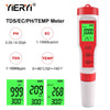 A red and white TDS/EC/pH/TEMP meter with a digital display showing water quality measurements.