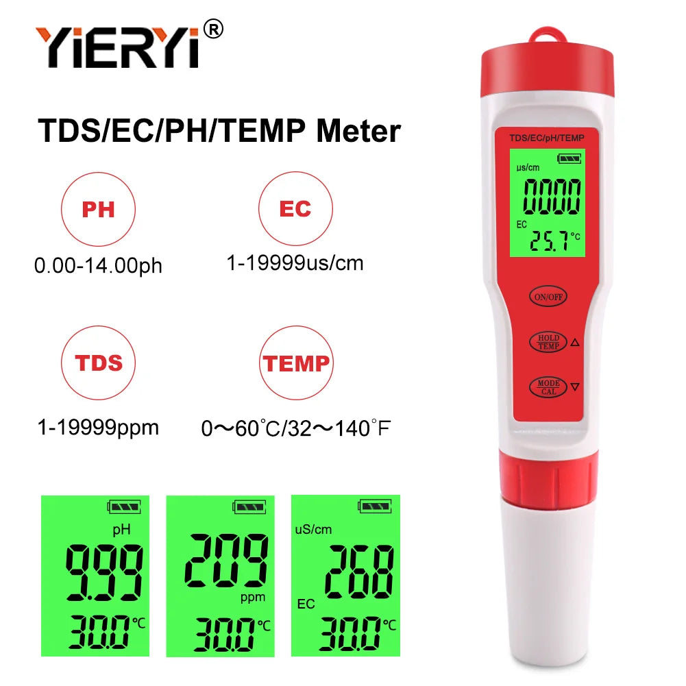 A red and white TDS/EC/pH/TEMP meter with a digital display showing water quality measurements.