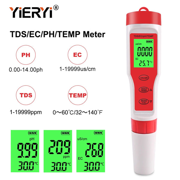 A red and white TDS/EC/pH/TEMP meter with a digital display showing water quality measurements.