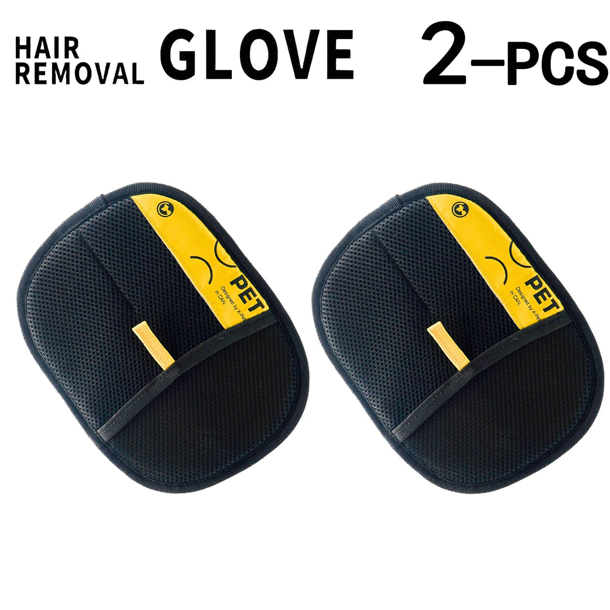 Two black silicone gloves for pet hair removal with yellow accents