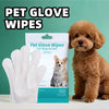 A package of Pet Glove Wipes for dogs and cats next to a fluffy golden-colored dog.
